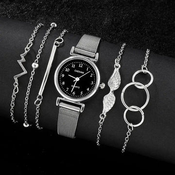 Alloy Quartz Watch with 5-Piece Bracelet Set