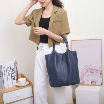Soft Cowhide Leather Bucket Tote Bag
