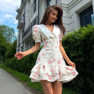 Sweet Puff Sleeve Mini Dress V-Neck