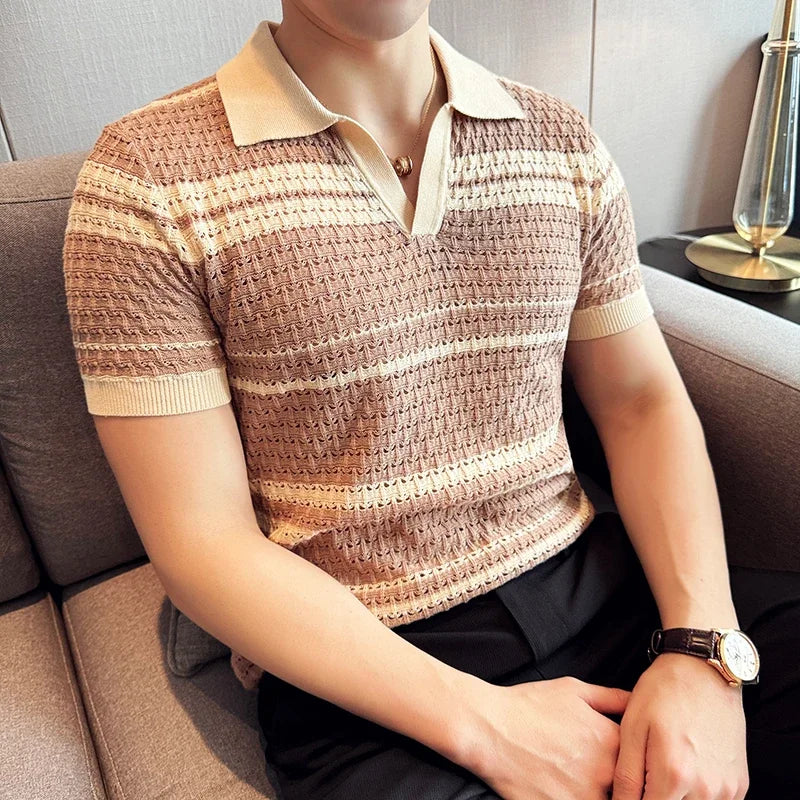 Men’s Casual Contrast Color Striped Polo Shirt