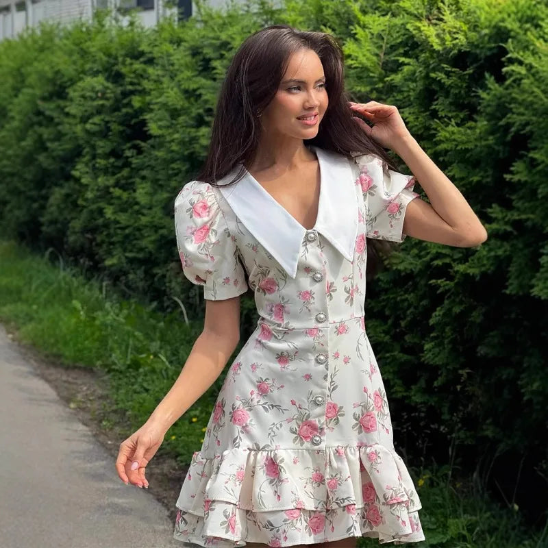 Sweet Puff Sleeve Mini Dress V-Neck