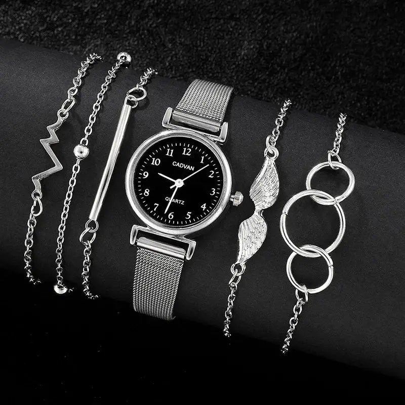 Alloy Quartz Watch with 5-Piece Bracelet Set