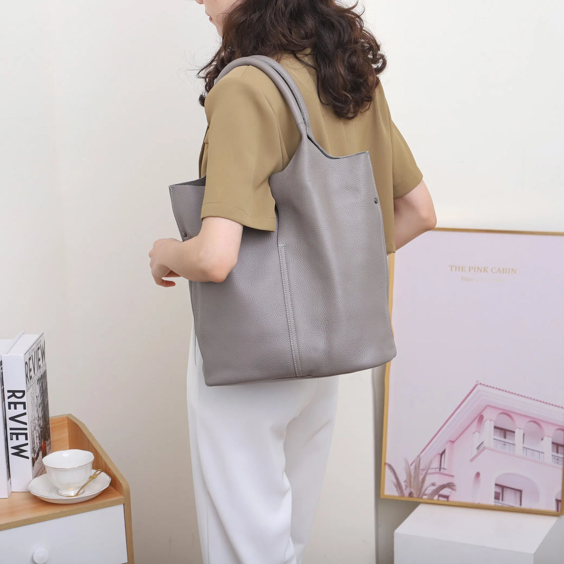Soft Cowhide Leather Bucket Tote Bag
