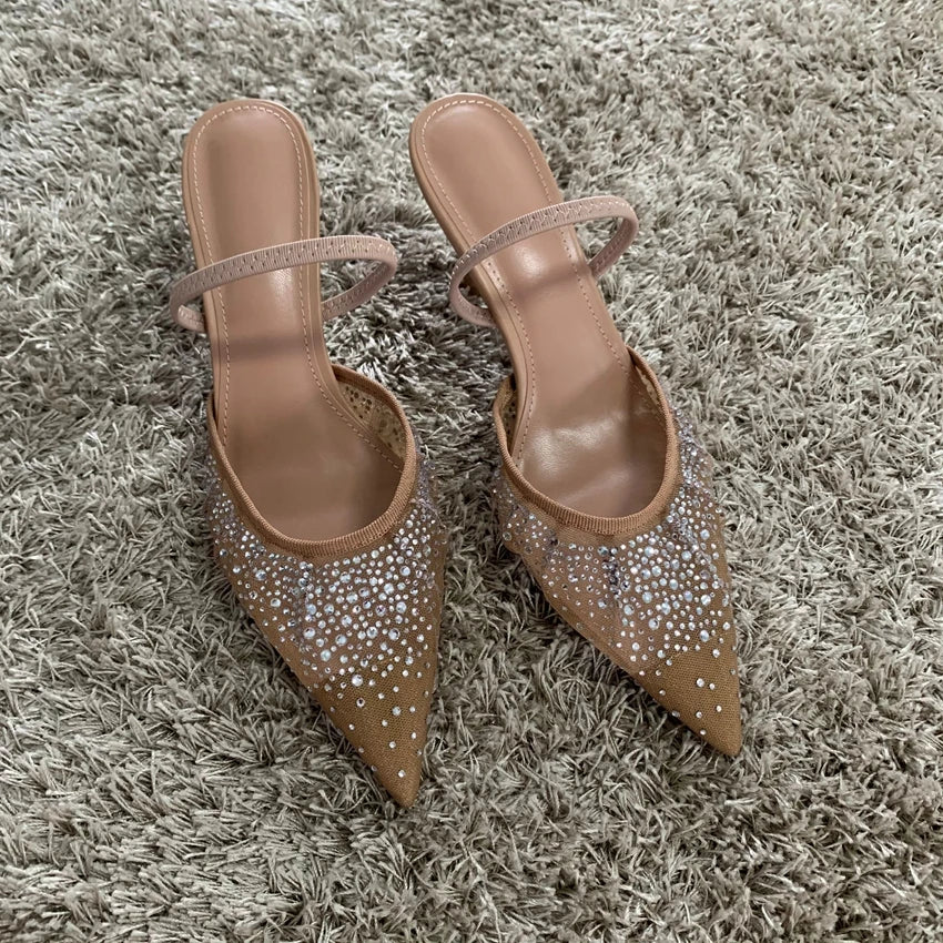 Elegant Rhinestone Mesh High Heel Slingbacks